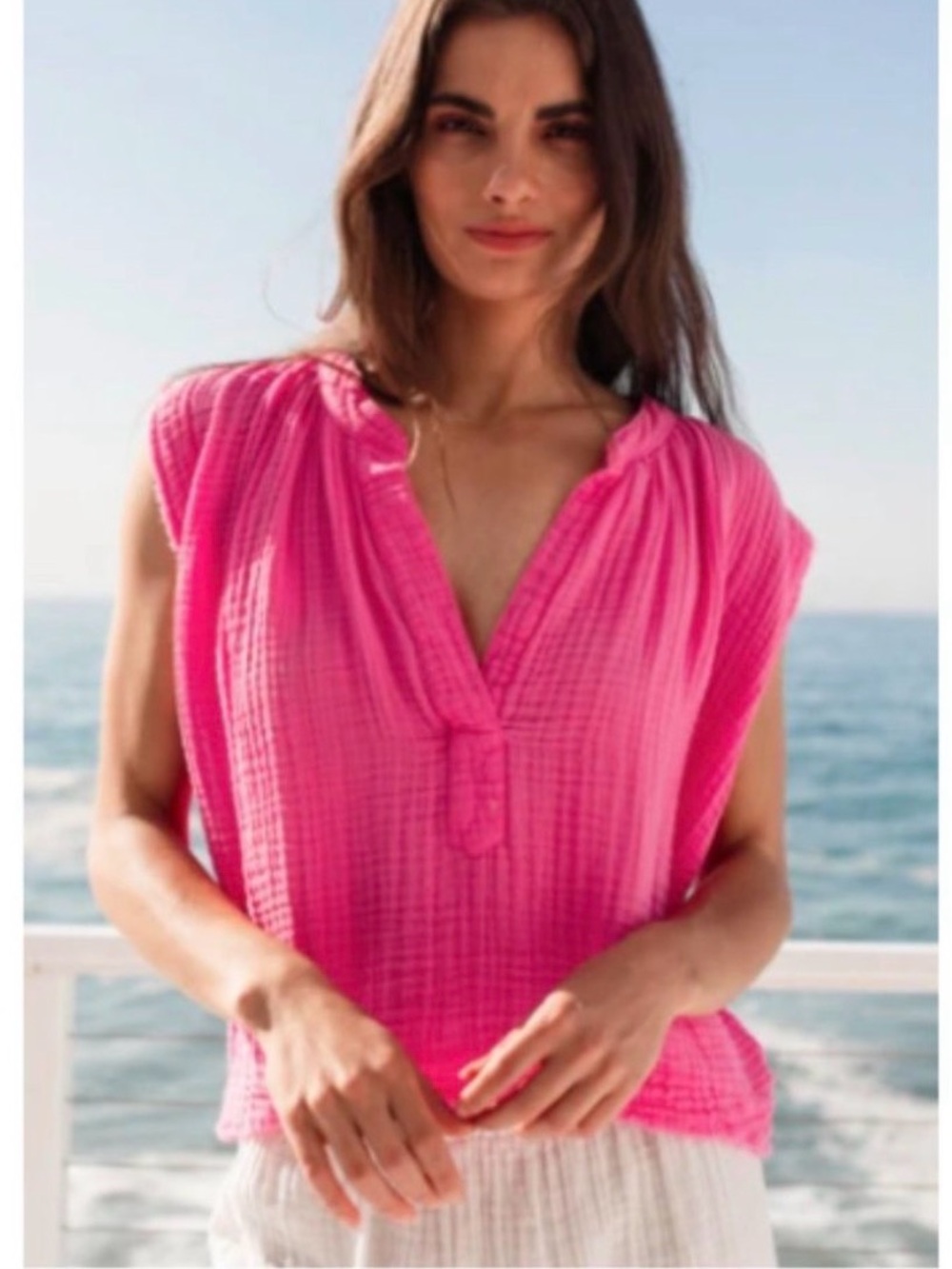 9 Seed Resort Idyllwind 100 Cotton Peony Gauzy Boxy V Neck Flowy Top Sz P-Small